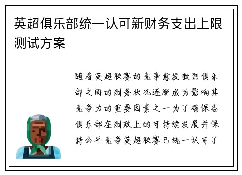 英超俱乐部统一认可新财务支出上限测试方案
